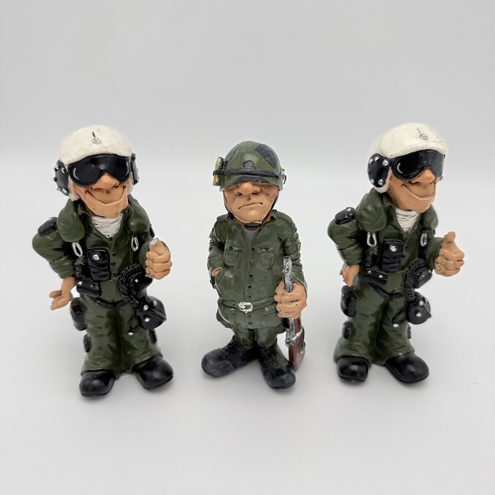 Military Pilot Soldier Figurines Lot of 3 Resin Uniform Aviation Caricature